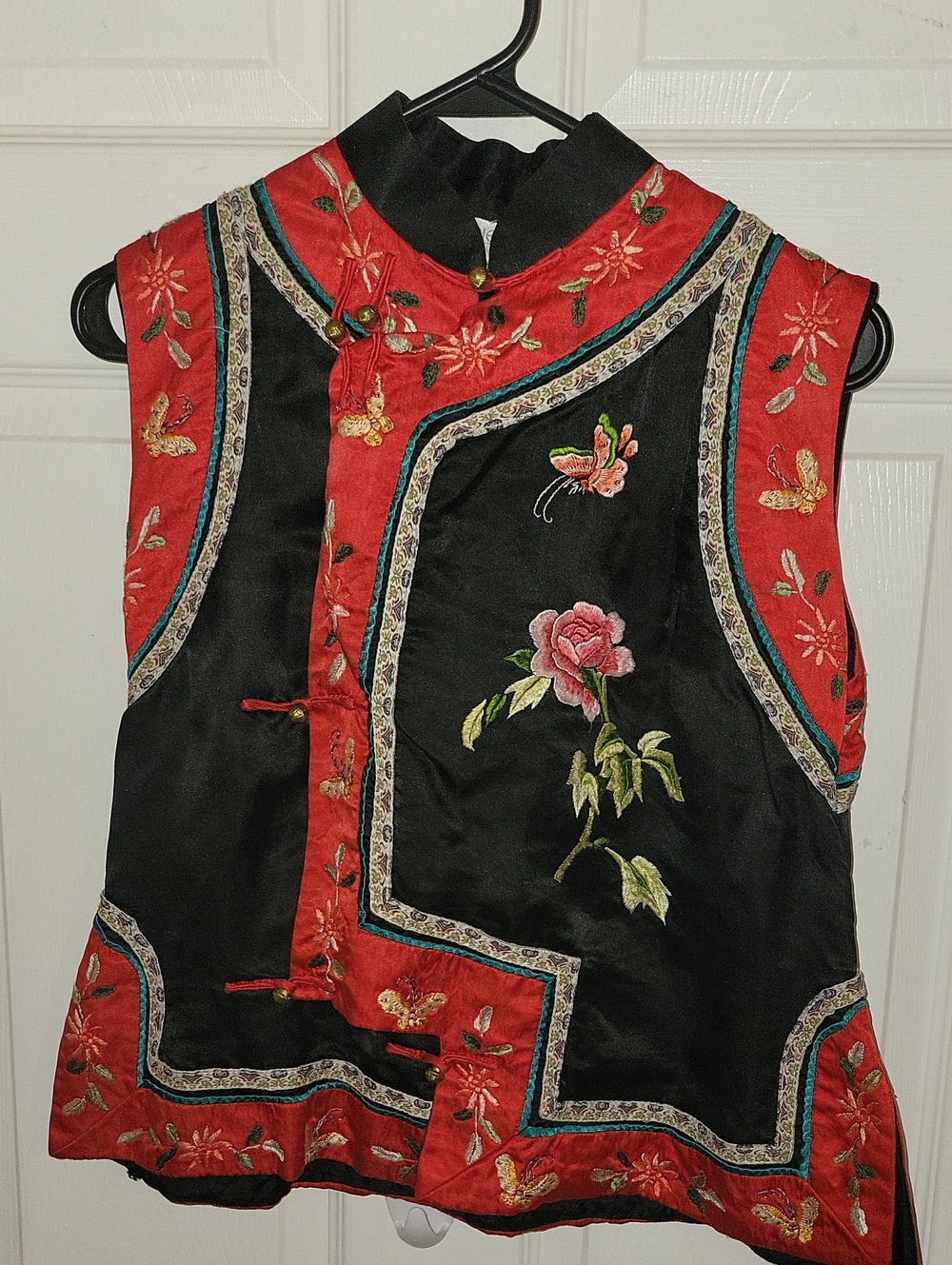 FRIENDS Black Satin Vest with Red Trim and Embroidered Detail